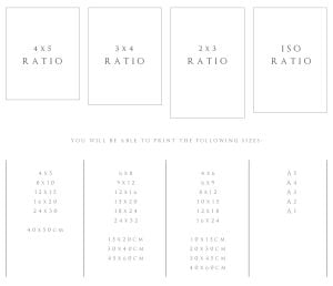 Size chart of photography sizes available with purchase of the Wildflower Field at Beach Sunset - Digital Wall Art.