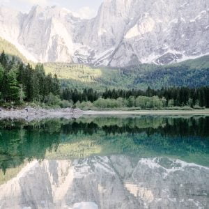 Secluded mountain lake surrounded by mountains and majestic trees, in pastel colours due to beautiful afternoon sunlight.