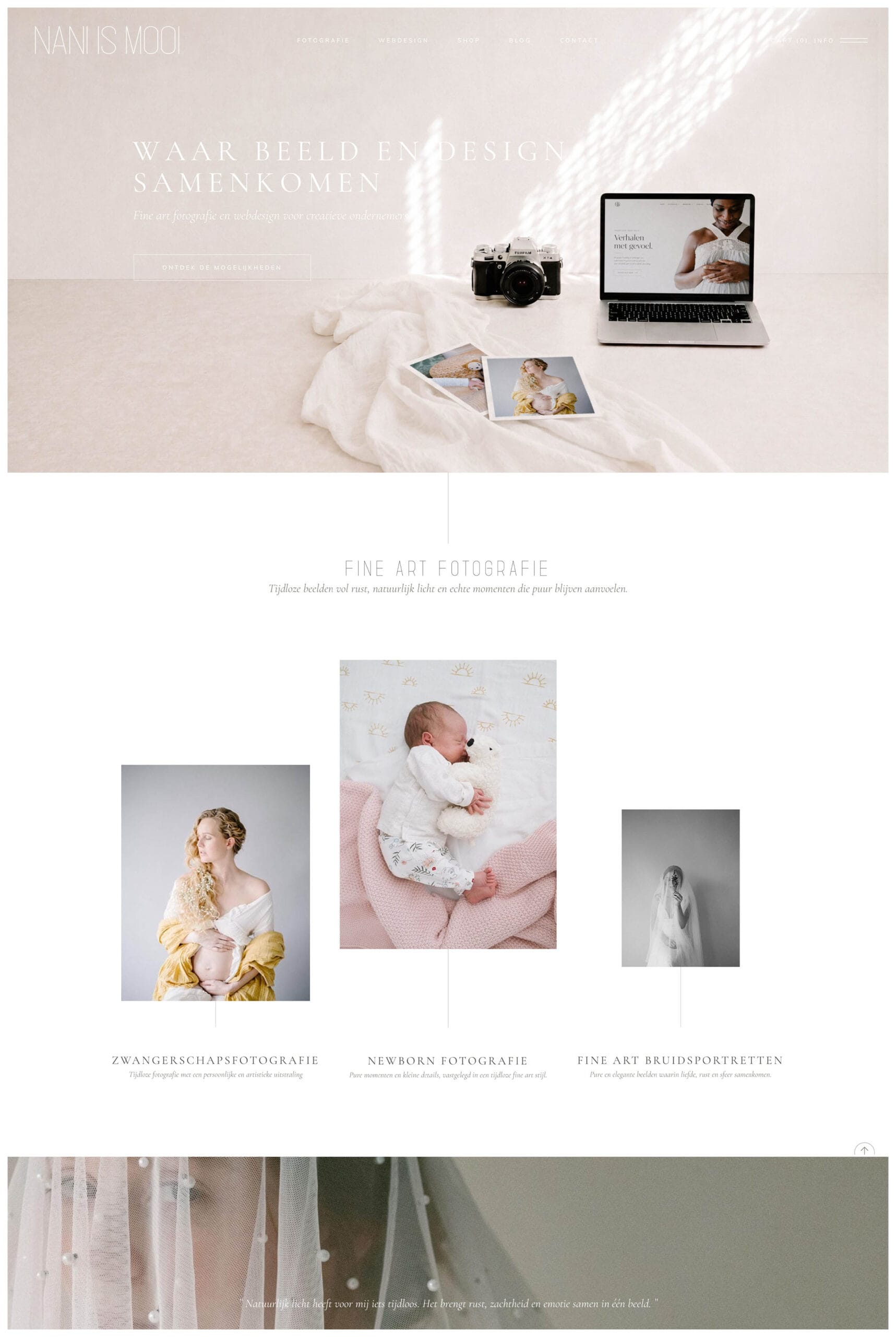 Homepage van de studiowebsite van NANI IS MOOI met minimalistisch webdesign en branding voor creatieve ondernemers.