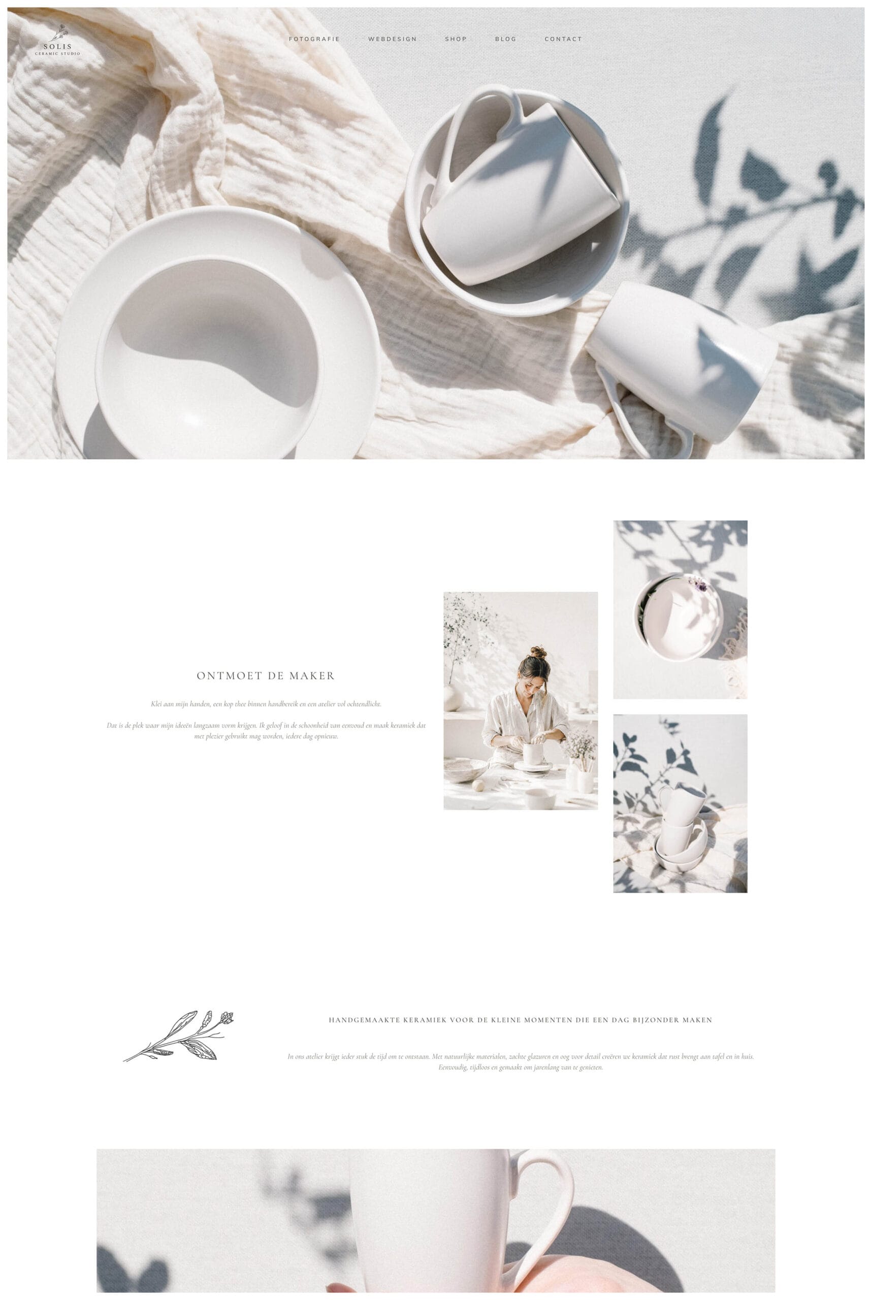 Homepageontwerp voor SOLIS Ceramic Studio, een minimalistische conceptcase met branding, fotografie en webdesign voor een keramiekstudio.